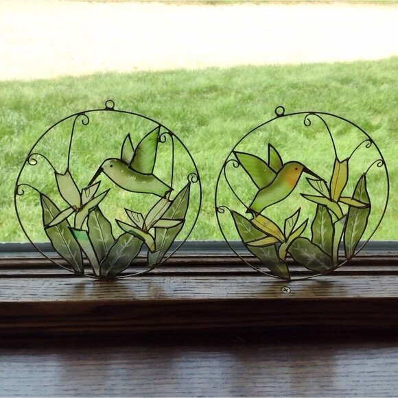 Vintage Set Of Capiz Shell & Metal Hummingbird Flower Window Suncatcher 6" - Picture 1 of 8